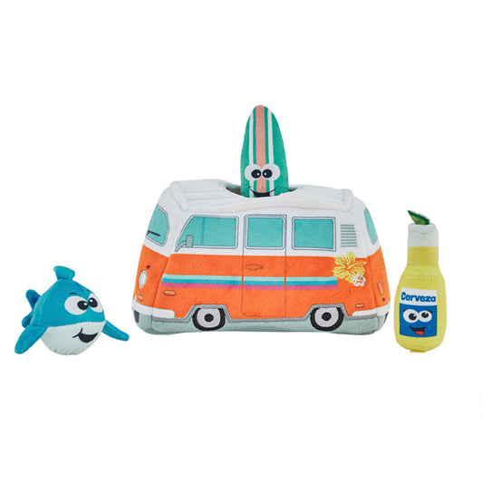 Outward Hound Hide A Surf Van Plush Dog Toy Orange, Blue, White 8.25" x 4" x 5"