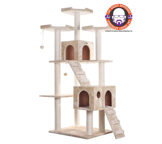 Real Wood 74" Multi-Level Cat Tree Large Cat Play Furniture, Beige