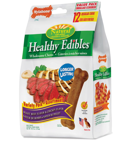 Nylabone Healthy Edibles Longer Lasting Roast Beef and Chicken Treats Regular 12 count